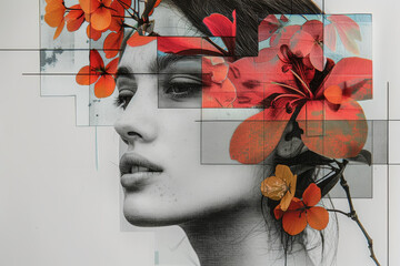 Floral Overlay on Monochrome Woman Portrait Art