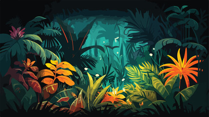A jungle scene with plants that have bioluminescent 