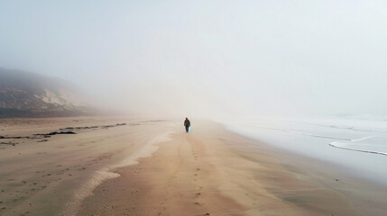 Person walking on the beach in foggy day - Powered by Adobe