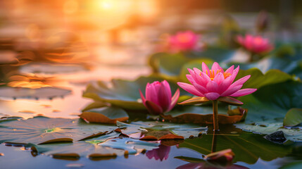 Pink lotus flower in pond at sunrise
