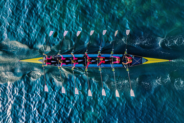Women's rowing team on blue water, top view

