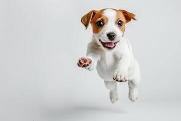 Portrait of cute playful puppy of Jack Russell Terrier in motion, jumping isolated over white studio background. Concept of motion, beauty, vet, breed, pets, animal life. Copy space for ad