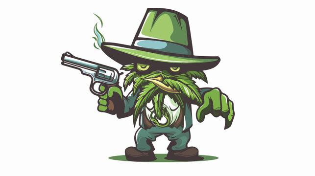 Mascot gangster character marijuana holds a gun flat