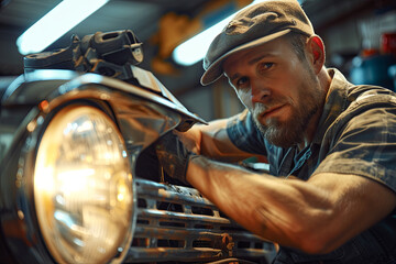 Mechanic changing car headlight in a workshop
