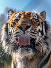 Close-up of majestic tiger face with tongue licking
