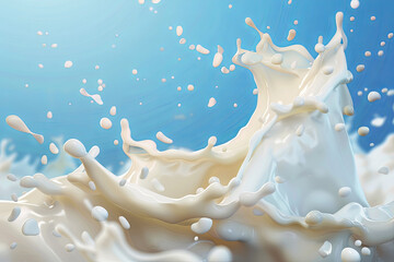 Milk splash seamless pattern isolated on blue background. 3d realistic yogurt wave border. Vector milky package design
