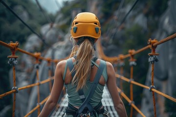 Woman with helmet, harness. Walking on a bridge. Doing via ferrata.
