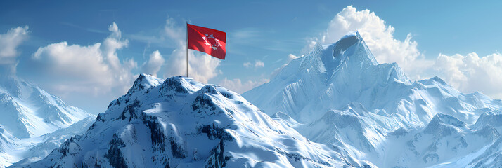 flag flutters against a stunning mountain background A symbol of the nation s strength.  Flag on the mountain peak meaning overcoming difficult. 
 - obrazy, fototapety, plakaty