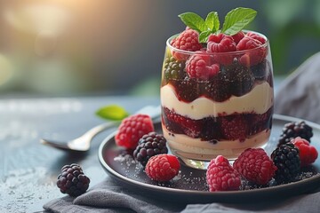 Dessert in a glasses with berries. Healthy organic breakfast or snack concept.