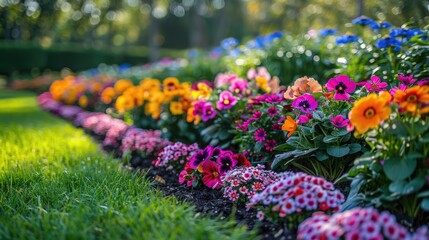 Multi-colored flower bed in the park. Outdoor summer gardening.