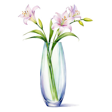 Lilies in a tall slender glass vase with tapered neck watercolor illustration modern minimal flower vase home decor indoor clipart isolated nature