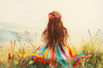 A tranquil scene of a woman sitting in a meadow, her rainbow ribbons and floral crown blending harmoniously with the wildflowers and soft landscape around her