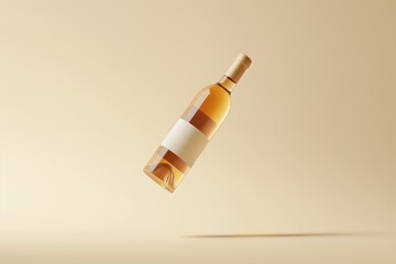 A bottle of white wine with a blank label floating on a monochrome beige background