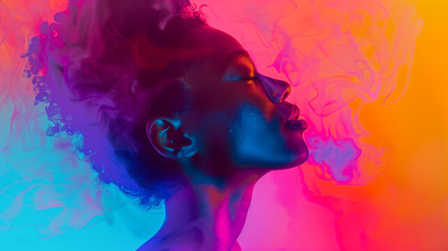 A woman with a colorful background and smoke in the background