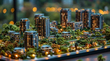 Fototapeta na wymiar scale model of an urban planning development. A small utopian futuristic city is planned across a large miniature model on a table