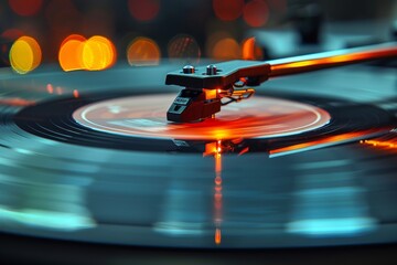 A close-up of a vinyl player with a stylus on a record and a warm, defocused light creating a bokeh...