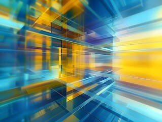 Futuristic blue and yellow geometric interface background, in glas blurred style, modern backdrop