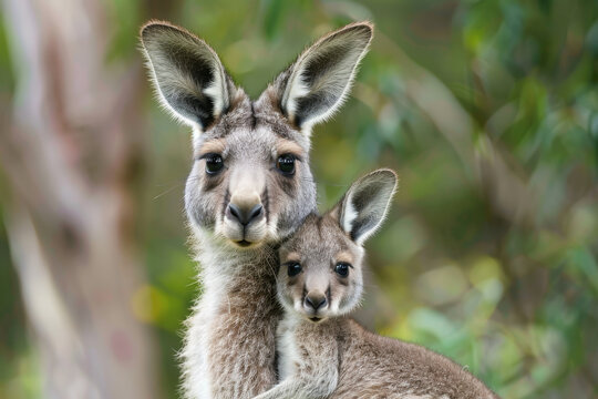 A mother kangaroo is holding her baby kangaroo