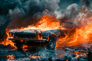 A car is on fire in a scene of destruction