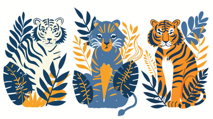 A set of 3 illustrations of a tiger in tropical folia