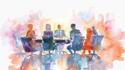executive board meeting, detailed watercolor painting, soft pastel shades