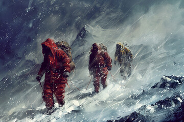 Three men in red coats are walking on a snowy mountain - obrazy, fototapety, plakaty