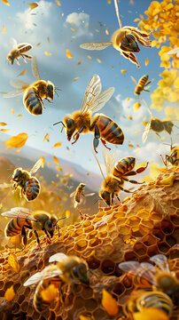 A painting of a swarm of bees flying over a field of flowers