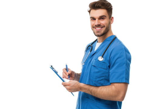 profession and medicine concept - happy smiling doctor or male nurse in blue uniform
.isolated on white background