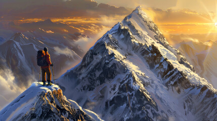 A man is standing on a mountain peak with a backpack - obrazy, fototapety, plakaty