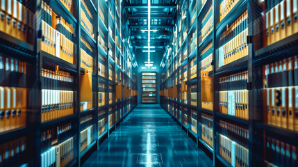 Fototapeta premium A large room with shelves of books and a cross hanging from the ceiling