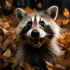 Obraz premium Portrait of a raccoon on the background of autumn leaves.