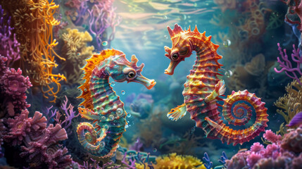Two colorful sea horses swimming in a coral reef - obrazy, fototapety, plakaty
