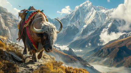 A large brown and white ox is walking up a mountain - obrazy, fototapety, plakaty