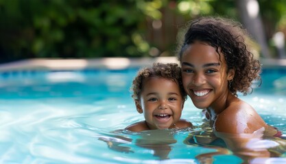 Happy american african black mother with her kid smiling in a pool.