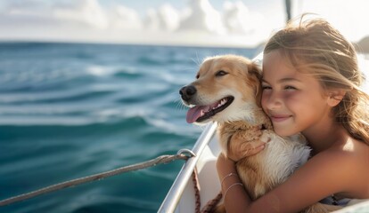 Little caucasian girl enjoy petting cute adorable dog sailing family luxury yacht boat against blue water bright sunny summer day
