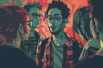 Obraz premium A group of people are standing together, one of them is wearing glasses