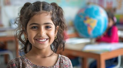 Young refugee girl smiles in a classroom, globe in back symbolizing hope for the future. World...