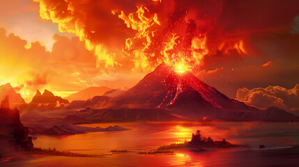 A fiery volcano is spewing lava into the sky, with a beautiful orange