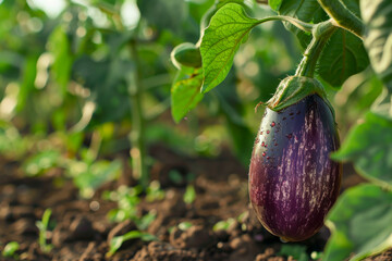 A purple eggplant is sitting on the ground in a field