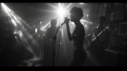 Fototapeta premium silhouette of BLUE singers AND THE BAND ON STAGE WITH COLOR LIGHTS
