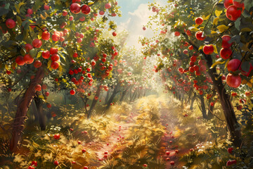 A painting of a field of apples with a path through it