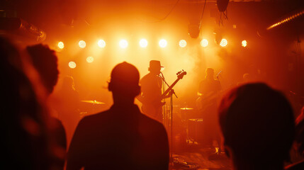 silhouette of singers AND THE BAND ON STAGE WITH COLOR LIGHTS FROM THEE VIEW OF AUDIENCS 