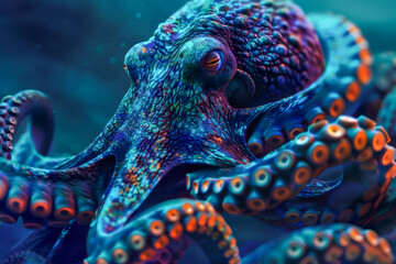 A colorful octopus with a blue head and orange tentacles - obrazy, fototapety, plakaty