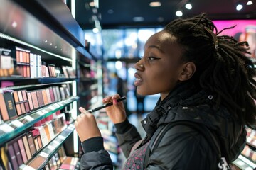 Young woman shopping for beauty products in a department store and trying out different makeup options