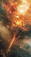 A space scene with a large explosion and a large cloud of debris