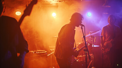 silhouette of singers AND THE BAND ON STAGE WITH  purple and yellow COLORFUL LIGHTS