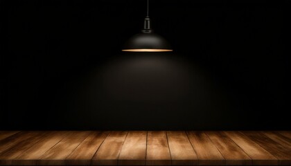 Stylish Simplicity: Wooden Board and Hanging Lamp on Black - obrazy, fototapety, plakaty