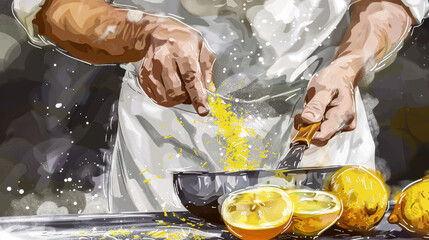 A chef is preparing a dish with lemons and a bowl of sugar