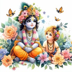 Watercolor illustration for the festival of vishu with a young lord krishna and konna flowers decoration created with generative ai	
