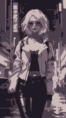 beautiful girl, thin, white hair, tips of purple hair, futuristic city, neon signs, cars with lights, walking through a Cyberpunk city alley, girl in jeans illustration vector digital art, illustrator